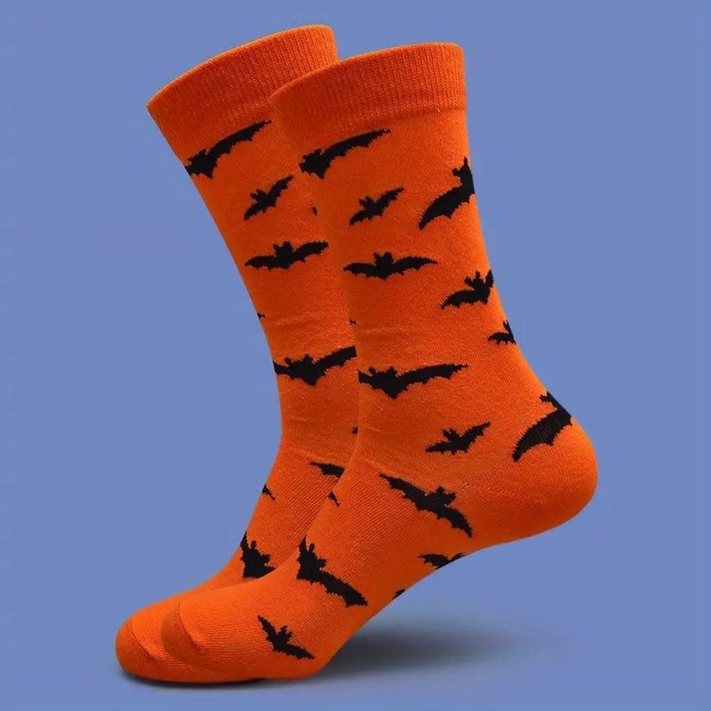 Bat Socks Orange Crew Length Unisex Halloween Goth